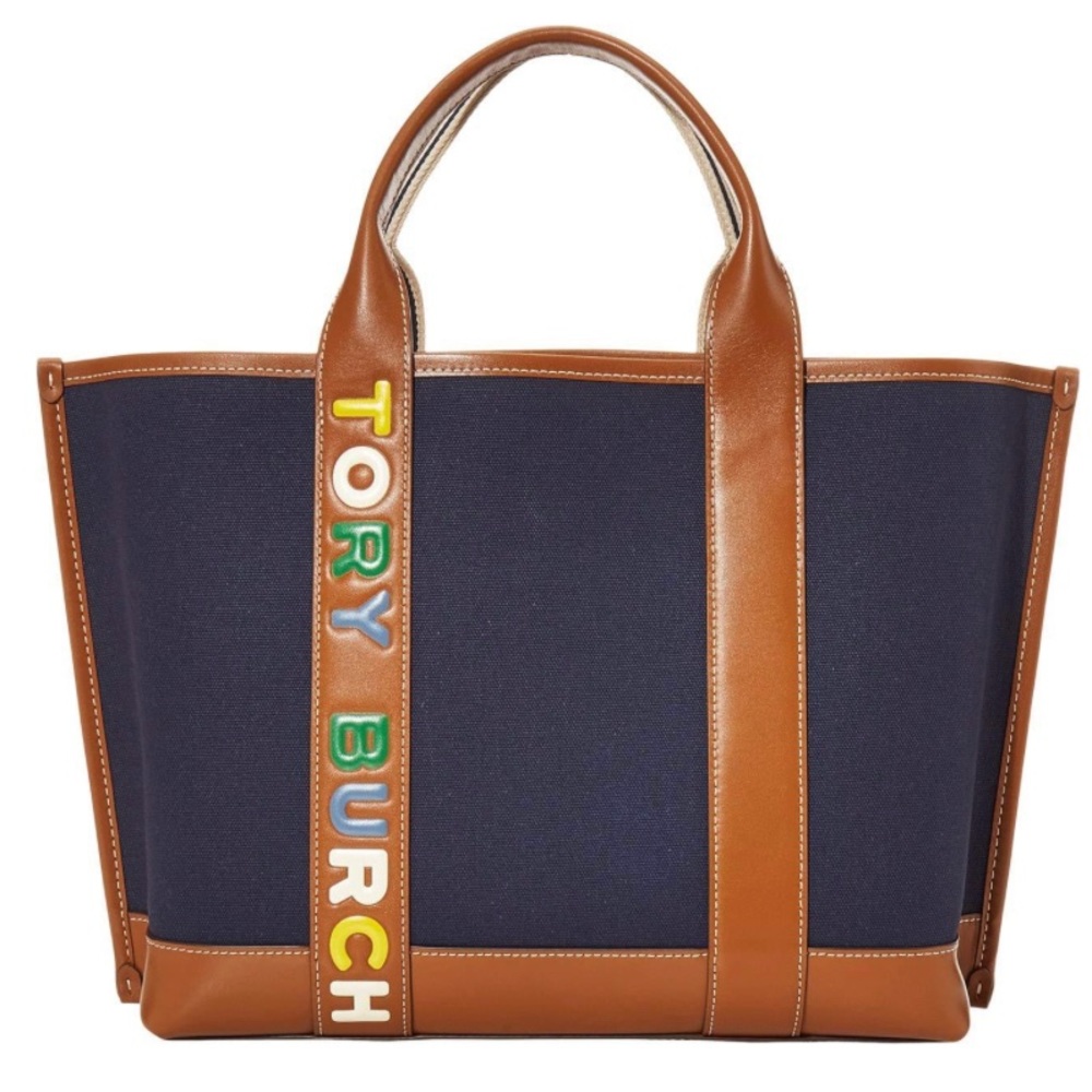 Tory Burch Navy Canvas and Tan Leather Tote with Multicolor Logo Strap